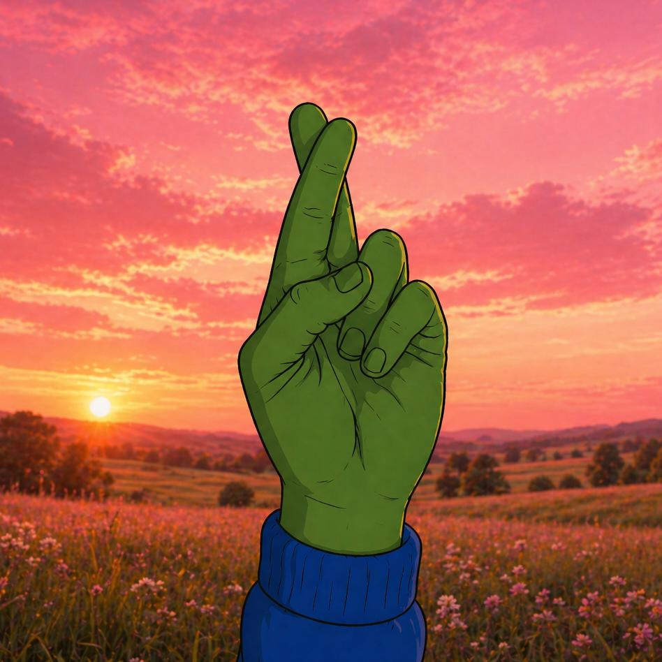 $LET: green hand, fingers crossed, sunset